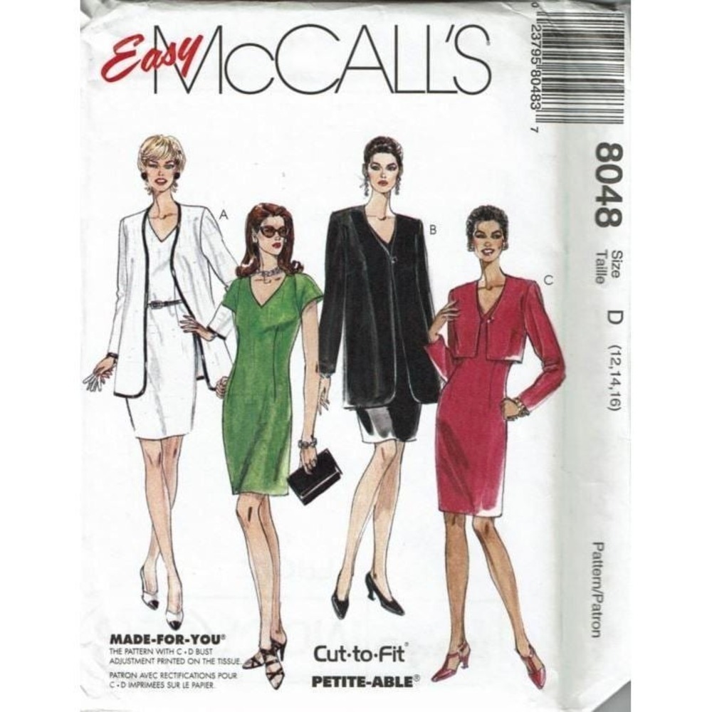 McCalls Sewing Pattern 8048 Dress Jacket‎ Misses Size 12-16 UNCUT